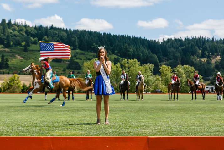 Miss Oregon 2016, Alexis Mather, sings the National Anthem during the Coca-Cola Opening Ceremonies at the Oregon Polo Classic. 
