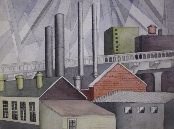 Watercolor painting: Rhoda’s artwork is characterized by vibrant colors and patterns, as seen in this watercolor cityscape painted during her 20s