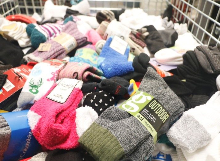 A mountain of socks for the Portland Rescue Mission.