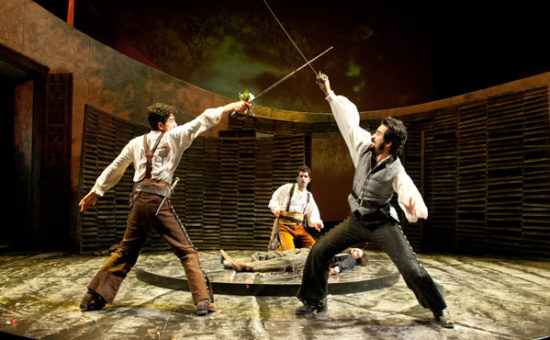 Romeo (Daniel José Molina) and Tybalt (Fajer Al-Kaisi) fight for the honor of their families as Benvolio (Kevin Fugaro) watches over the fallen Mercutio (Jason Rojas). Photo: Jenny Graham.