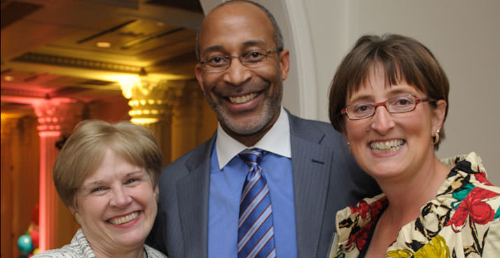 SMART Board Chair Charles Wilhoite of Willamette Management Associates (center) with SMART Board Member Patsy Smullin of California Oregon Broadcasting, Inc. (left), thank Melinda Merrill, Director of Public Affairs at Fred Meyer (right).