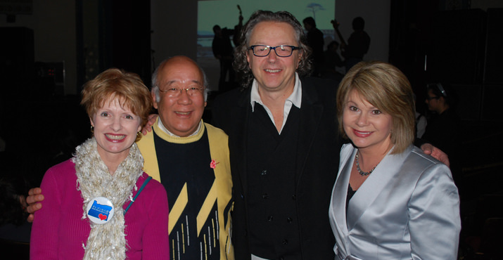 Nancy Parrott, the Azumano Travel VP who organized the event Oregon Tomodachi Recovery Fund Event, Community supporter Sho Dozono, songwriter and pianist Michael Allen Harrison , and KGW anchor Tracy Barry