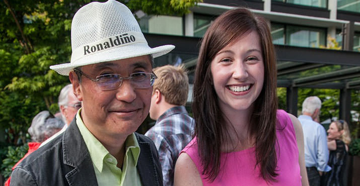 Dr. Ronald W Naito MD and Megan Flynn (Editor in Chief, Beer West Magazine) enjoying the beautiful weather in the Nel Centro courtyard at the Third Angle Summer Soiree.