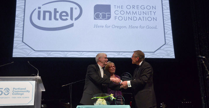 PCC Board Chair Jim Harper presents the Patron Award to Jill Eiland, NW Region Corporate Affairs Manager of Intel, and Eric Parsons, Board Chair of the Oregon Community Foundation PCC Board Chair Jim Harper presents the Patron Award to Jill Eiland, NW Region Corporate Affairs Manager of Intel, and Eric Parsons, Board Chair of the Oregon Community Foundation