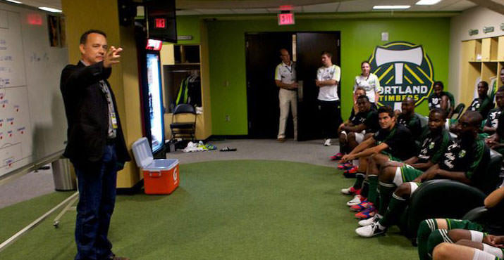 Tom Hanks visits the Timbers locker room at JELD-WEN Field.