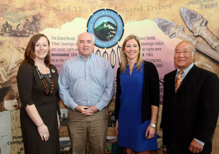 On hand were: Kathleen George, Director of the Spirit Mountain Community Fund; Tim Hennessy, Executive Director, CASA for Children; Kimberly McAlear, CASA Board President; and Sho Dozono, Chairman of the Board of Trustees, Spirit Mountain Community Foundation.