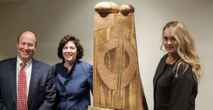 Roger Hinshaw, Bank of America President, with Client Manager Peggy Willer and Senior Vice President of Corporate Social Responsibility Monique Barton, all representing Bank of America at the recent community celebration to unveil the donated sculpture.