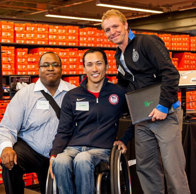 Nike Paralympian Gold Medalist and rugby wheelchair athlete Will Groulx with grant recipient representatives Andre Ashley, Sports Management Supervisor, Portland Parks & Recreation and Kaig Lightner, Director of Coaching, Portland Community Football Club. Grant: To launch the Portland Community Football Club, a community-based soccer club emphasizing the principles of equal access to sport and diversity, and providing affordable, high-quality soccer for Portland youth.