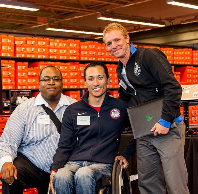 Nike Paralympian Gold Medalist and rugby wheelchair athlete Will Groulx with grant recipient representatives Andre Ashley, Sports Management Supervisor, Portland Parks & Recreation and Kaig Lightner, Director of Coaching, Portland Community Football Club. Grant: To launch the Portland Community Football Club, a community-based soccer club emphasizing the principles of equal access to sport and diversity, and providing affordable, high-quality soccer for Portland youth.
