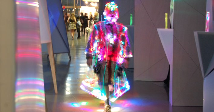 The lighted man walks thru an installation piece by PSU Students, led by Jennifer Porter of Chroma