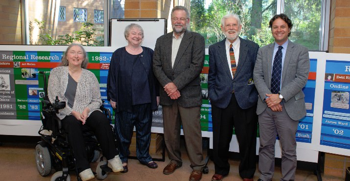 Laurie Powers (RRI Director) joins former directors Nancy Koroloff, Bill Feyerherm, and Art Emlen, and School of Social Work Dean David Springer in front of the timeline depicting the history of the Institute.