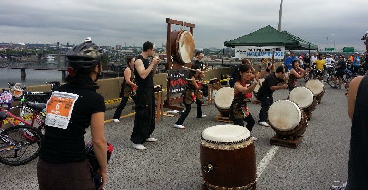 Portland Taikohachi's high energy traditional Japanese drumming lifted spirits on the Marquam Bridge.