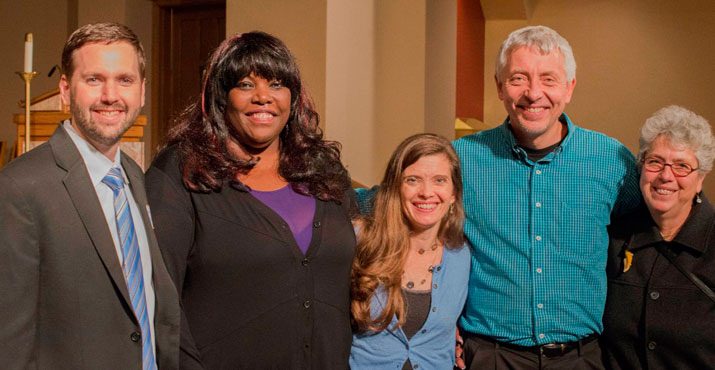 Celebrating a beautiful concert: L'Arche Portland Executive Director Andrew Noethe, Singer Julianne R. Johnson, Director of Development Tamara Yates, Board Member Matt Weisensee, Diane Frank, L'Arche Volunteer