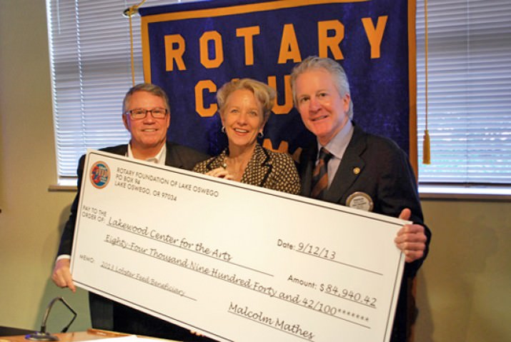 Malcolm Mathes (Lake Oswego Rotary, President), Michelle Dorman (Lakewood Center for the Arts, Board President), Charles Collins (Lake Oswego Rotary member)
