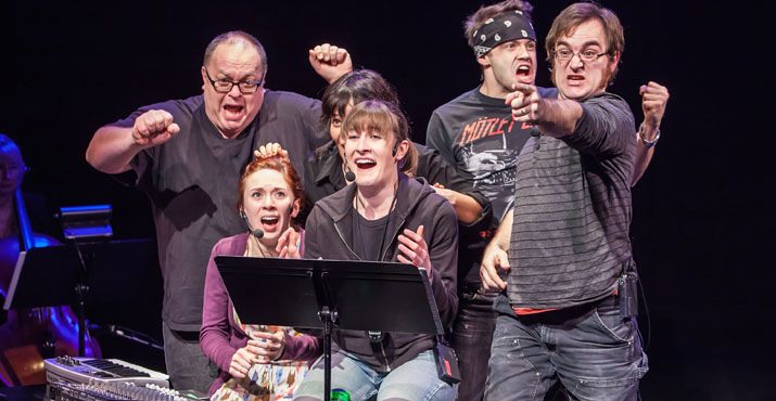 Megan Misslin, Danielle Purdy, Ian Anderson-Priddy, Morgan Mallory, Rebecca Teran and Paul Floding in Tech Booth: The Musical. Photo by David Kinder.
