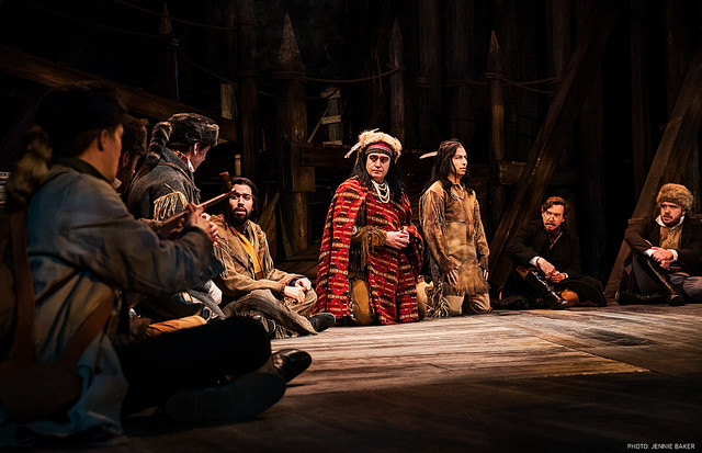 Members of the Overland Party meeting with Arikara Chiefs. L-R: Michael Morrow Hammack as John Reed, Shawn Fagan as Wilson Price Hunt, Brandon Contreras as Pierre Dorion, Christopher Salazar as Le Gauche, Shaun Taylor-Corbett as Les Yeux Gris, Jeremy Aggers as Donald Mackenzie and Benjamin Tissell as Ramsay Crooks in "Astoria: Part One."