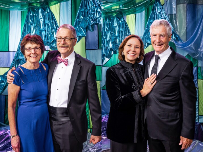 Portland Garment Factory created a photo lounge backdrop in the theme of Kaleidoscope for guests to enjoy. Presenting Sponsors Christine and David Vernier, and Kimberly Cooper and Jon Jaqua, get their photos taken by KLiK Concepts.